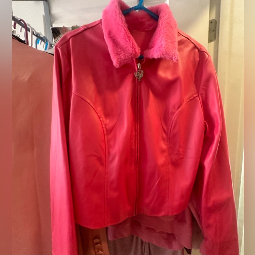 Women's Pink Jacket with Faux Fur Collar
